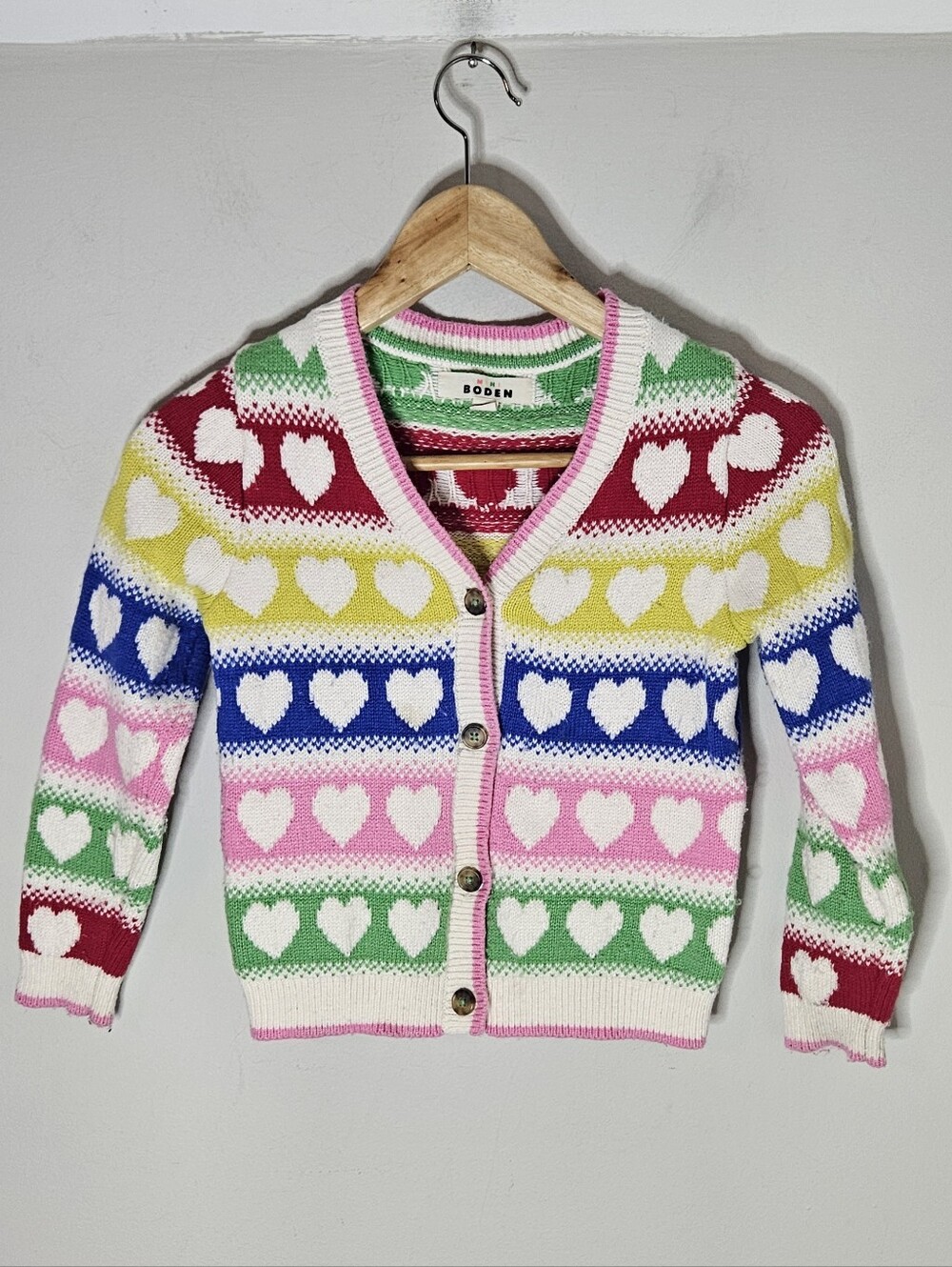 Mini Boden Kids' Flora Fun V-Neck Cardigan Heart Stripes Multicolored 7 8 Y